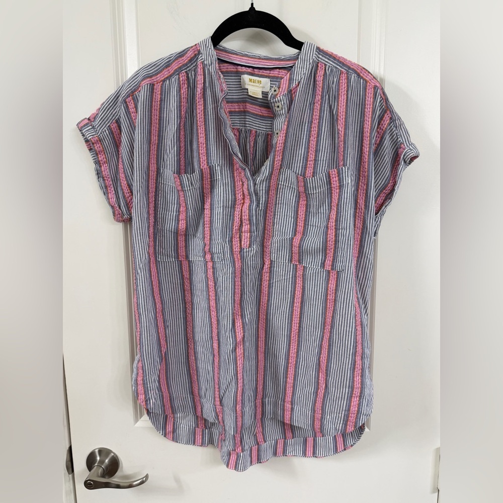 Anthropologie Blue, Pink and White Striped Short Sleeve Blouse